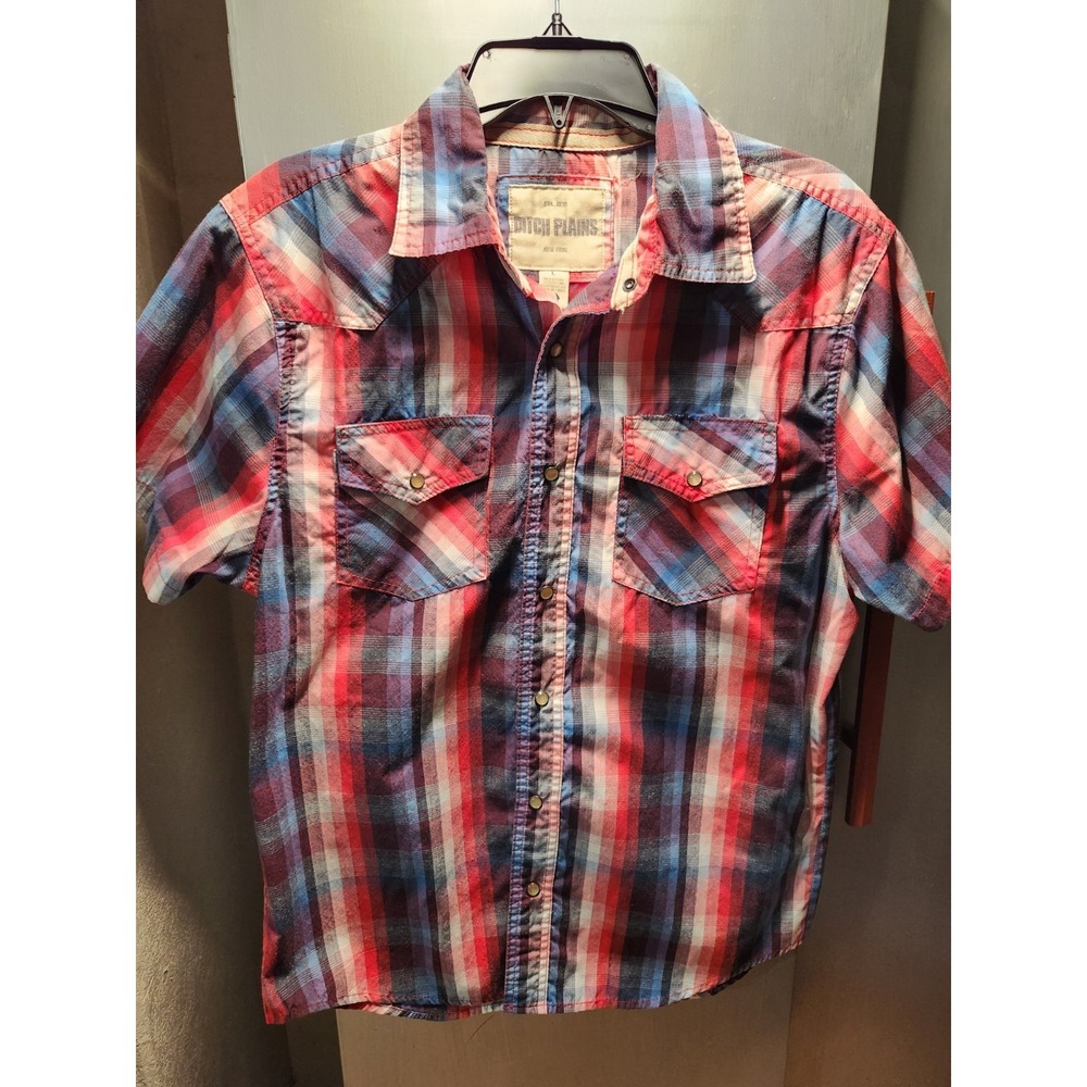 Ditch Plains Pearl Snap Men's Size L Shirt Red Blue Plaid Short Sleeve Cowboy